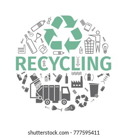 Recycling banner. Line and flat icons. Waste sorting set. Vector signs for web graphics.