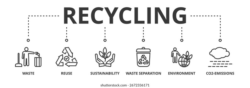 Concepto de Ilustración vectorial de Anuncio de reciclaje con ícono de residuos, reutilización, sostenibilidad, medio ambiente y emisión de CO2