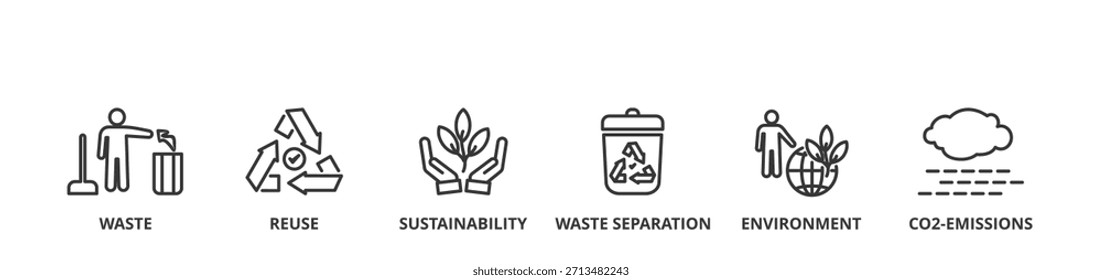 Concepto de Ilustración vectorial de Anuncio de reciclaje con ícono de residuos, reutilización, sostenibilidad, medio ambiente y emisión de CO2