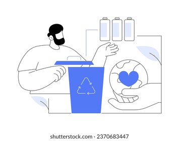 Recycling batteries abstract concept vector illustration. Man putting renewable eco-friendly batteries in a box for recycling, ecology environment, sustainable energy abstract metaphor.