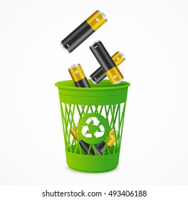 Recycling Battery Concept. Batteries Falling into Green Recycle Bin. Vector Realistic illustration of Waste Management Concept.