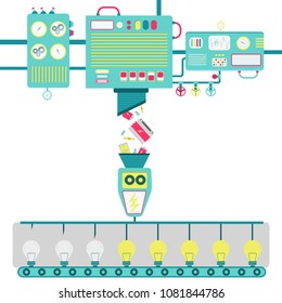 Recycling battery into electricity. Machinery processing used batteries and turning into electricity for lamps.