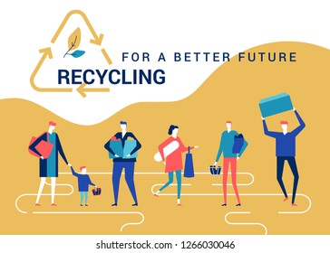 Recycling for a better future - flat design style colorful banner. High quality composition with people, volunteers carrying packets, containers, trash bags, going to sort waste. Eco lifestyle concept