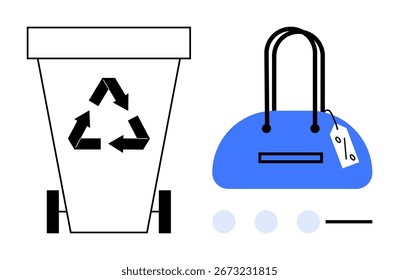 Papelera de reciclaje con flechas de reciclaje y bolso azul con etiqueta más tres puntos. Ideal para sostenibilidad, reciclaje, ecológico, reutilización, conciencia ambiental, compras, gestión de residuos. Línea