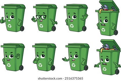 Recycling bin cartoon character. Vector illustrations bundle with each image on a separate layer.