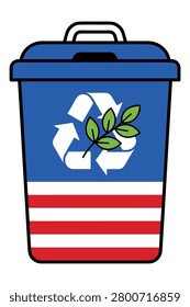 Recycling bin, eco-friendly, waste management, American flag stripes, green leaves, sustainability.