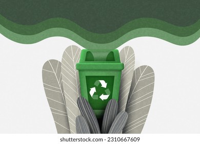 Recycling bin and green leaves background. Recycle concept. Ecology and Environment conservation resource Sustainable development. Vector illustration.