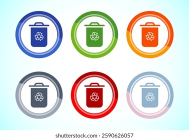 Recycling bin icon design illustration. Environment icon, trash bin sign, 6 color button design set
