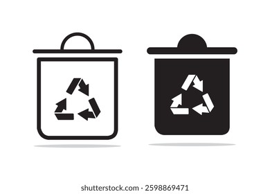 Recycling bin icon set. simple line art design of a trash can with a recycling symbol.