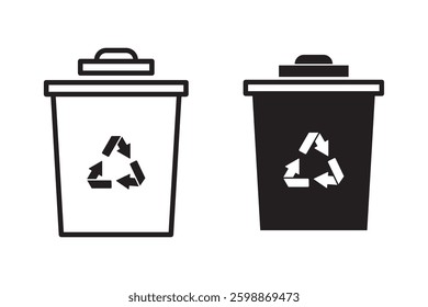 Recycling bin icon set. simple line art design of a trash can with a recycling symbol.