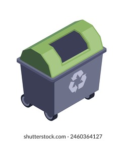 Recycling bin in isometric style on a plain background, concept of waste management. Vector illustration isolated on white background