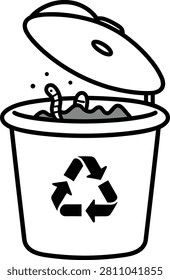 Recycling bin with open lid, worms, and compostable waste