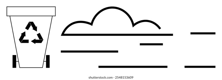 Uma lixeira com o símbolo de reciclagem ao lado de uma nuvem e linhas estilizadas. Ideal para a ecocompatibilidade, gestão de resíduos, consciência ambiental, minimalismo e educação sobre as alterações climáticas. Linha simples