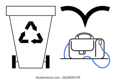 Recycling bin with recycling symbol, briefcase connected to a power cord, and bird silhouette. Ideal for sustainability, waste management, environmental conservation, renewable energy, eco-friendly