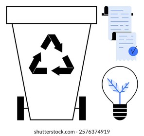 Recycling bin with symbol, document with checkmark, and lightbulb with plant inside. Ideal for sustainability, recycling, environmental awareness, waste management, green energy. Modern minimal style