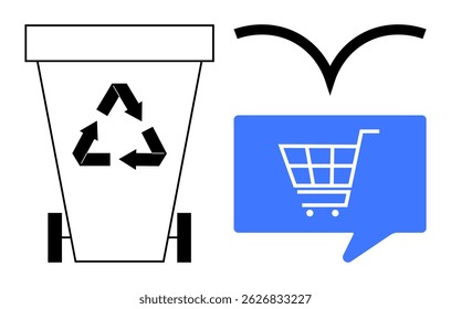 Recycling bin with recycling symbol next to blue shopping cart icon in speech bubble, black arrows above suggesting circular economy. Ideal for sustainability, eco-friendly shopping, consumer
