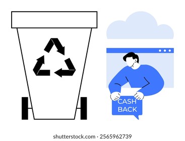 Recycling bin with a recycling symbol and person holding cashback sign. Ideal for sustainability, environmental awareness, recycling, finance, and eco-friendly practices. Simple line art