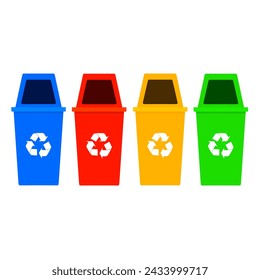 Ilustración vectorial de papelera de reciclaje en varios colores aislados sobre fondo blanco. Concepto de ecología y reciclaje.