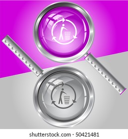 Recycling bin. Vector magnifying glass.