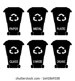 Recycling bins. Black trashcan. Waste bins.  Glyph dustbin. Garbage in glyph style: Organic, Plastic, Metal, Paper, Glass, E-waste. Set of black garbage cans with sorted garbage on white background.