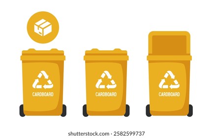 Recycling Bins for cardboard. Container for paperboard. Yellow trash can. Vector illustration isolated on white background.