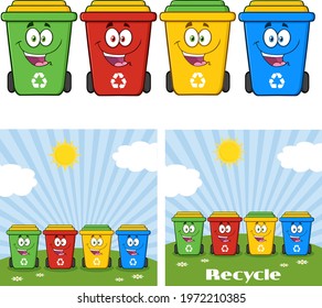 Recycling Bins Cartoon Characters. Vector Collection Set Isolated On White Background