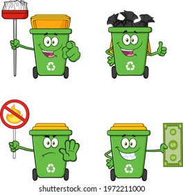 Recycling Bins Cartoon Characters. Vector Collection Set Isolated On White Background