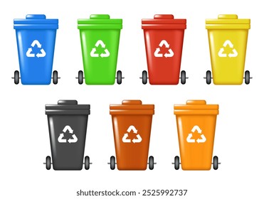 Recycling Bins. Containers for different types of garbage. Containers of different colors. Set of vector 3D illustrations