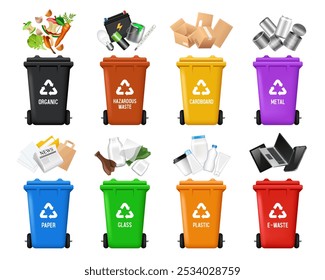 Recycling Bins. Containers for different types of garbage. Containers of different colors. Set of vector 3D illustrations