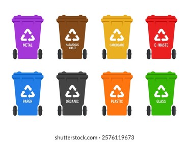 Recycling Bins. Containers for different types of garbage. Containers of different colors. Set of vector illustrations