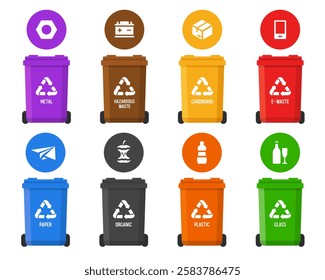 Recycling Bins. Containers for different types of garbage. Containers of different colors. Vector llustrations