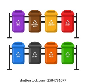 Recycling Bins. Containers for different types of garbage. Containers of different colors. Vector llustrations