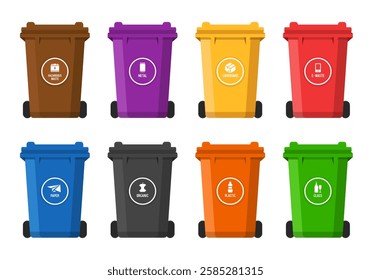 Recycling Bins. Containers for different types of garbage. Containers of different colors. Vector illustrations