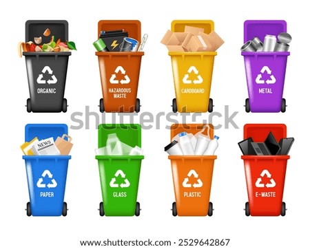 Recycling Bins. Containers for different types of garbage. Containers of different colors. Set of vector 3D illustrations
