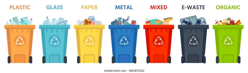 Recycling bins. Containers with separated garbage. Trash cans for plastic, glass, paper and organic. Segregate waste vector illustration. Garbage recycling, organic recycle box for trash material