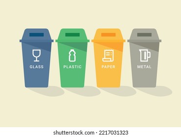 Bins de reciclaje. Contenedores con basura separada. Residuos de vidrio, plástico, papel y metal.