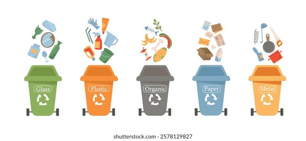 Recycling bins with different waste categories for sorting. Vector illustration