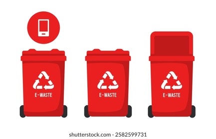 Recycling Bins for electronic waste. Container for electronic waste. Red trash can. Vector illustration isolated on white background.