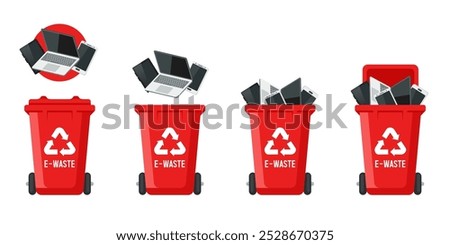 Recycling Bins for electronic waste. Container for electronic waste. Red trash can. Vector illustration isolated on white background.
