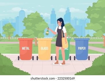 Recycling bins flat color vector illustration. Woman sorting garbage. Environment care way. Fully editable 2D simple cartoon character with green park on background. Bebas Neue font used