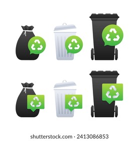 Recycling bins and garbage bags with recycle symbol, promoting waste management and environmental care