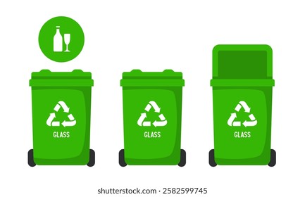 Recycling Bins for glass. Container for glass. Green trash can. Vector illustration isolated on white background.