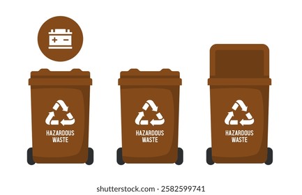 Recycling Bins for hazardous waste. Container for hazardous waste. Brown trash can. Vector illustration isolated on white background.