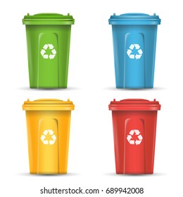 Recycling Bins Isolated Vector. Set Of Red, Green, Blue, Yellow, White Buckets. For Paper, Glass, Metal, Plastic Recycling Waste Sorting. Isolated 