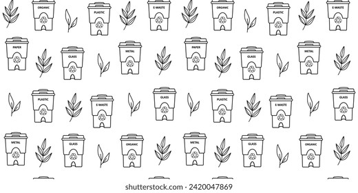 Recycling bins and leaves linear seamless pattern. Ecological and environment protection concept. Garbage and waste sorting. Dustbins for plastic, paper, glass, organic, metal, e-waste.  Background.