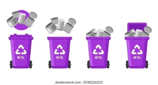 Recycling Bins for metal. Container for metal. Violet  trash can. Vector illustration isolated on white background.