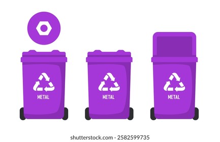 Recycling Bins for metal. Container for metal. Violet  trash can. Vector illustration isolated on white background.