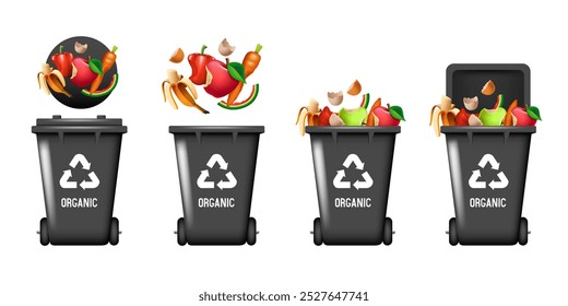 Lixeiras para resíduos orgânicos. Contentor para resíduos orgânicos. Lata de lixo preta. Ilustração vetorial isolada sobre fundo branco.