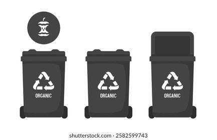 Recycling Bins for organic waste. Container for organic waste. Black trash can. Vector illustration isolated on white background.