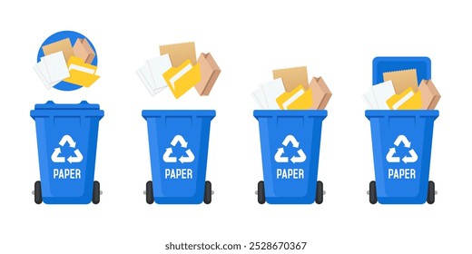 Recycling Bins for paper. Vector illustration isolated on white background.